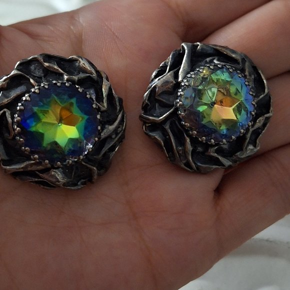 SCHIAPARELLI  Earrings Signed Vintage Silvertone  Watermelon Tourmaline Glass . - Picture 1 of 7